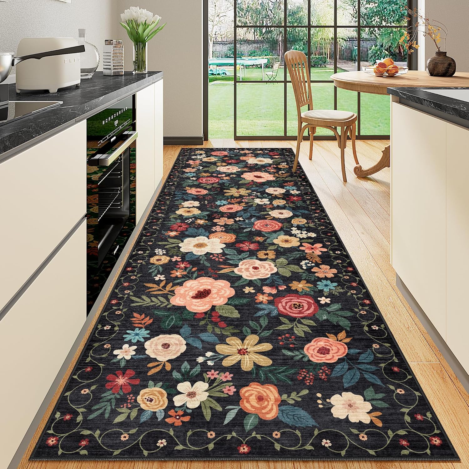 DUKINO Runner Rug 2x10 Non Slip Washable Floral Carpet
