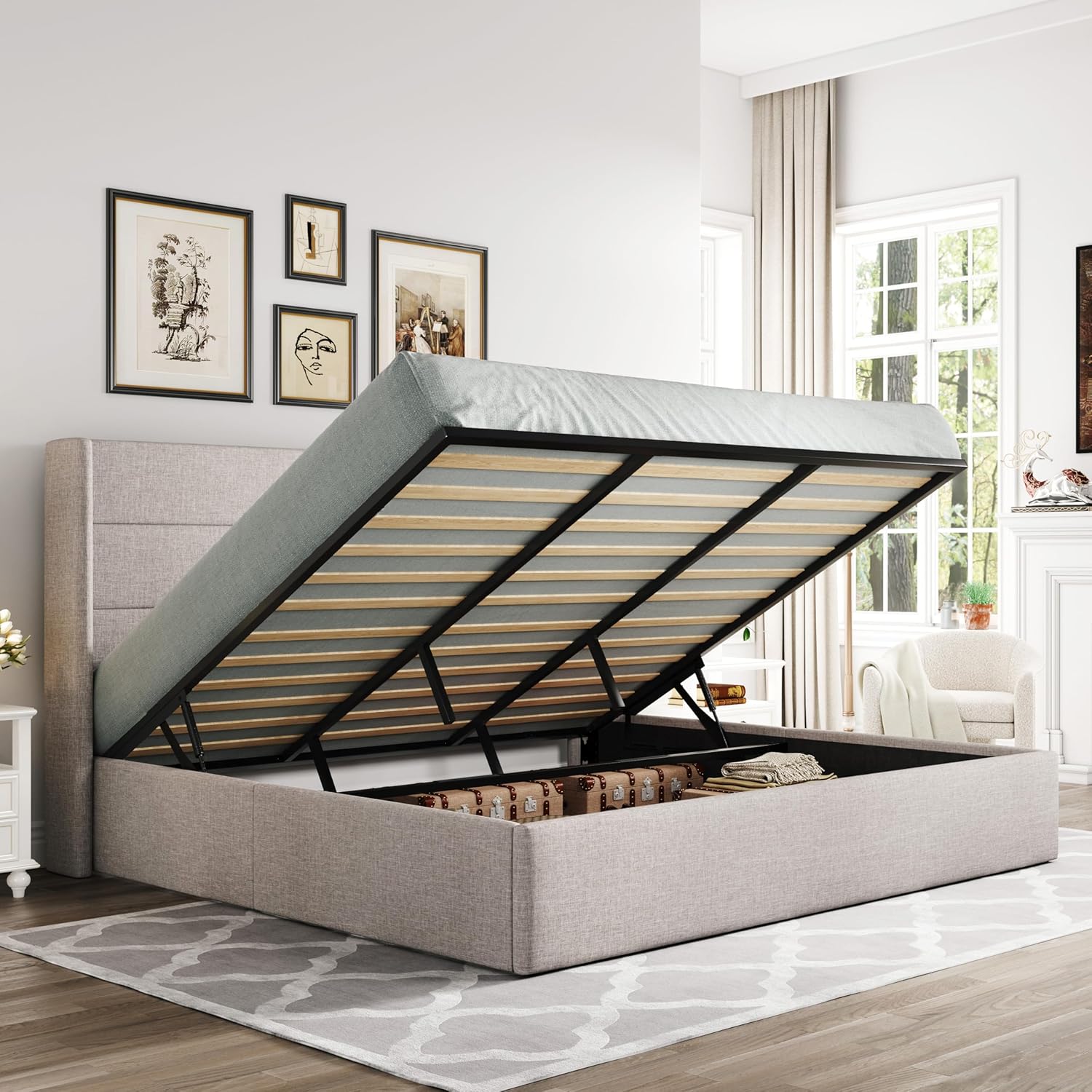 Allewie King Size Lift Up Storage Bed with Elegant Headboard