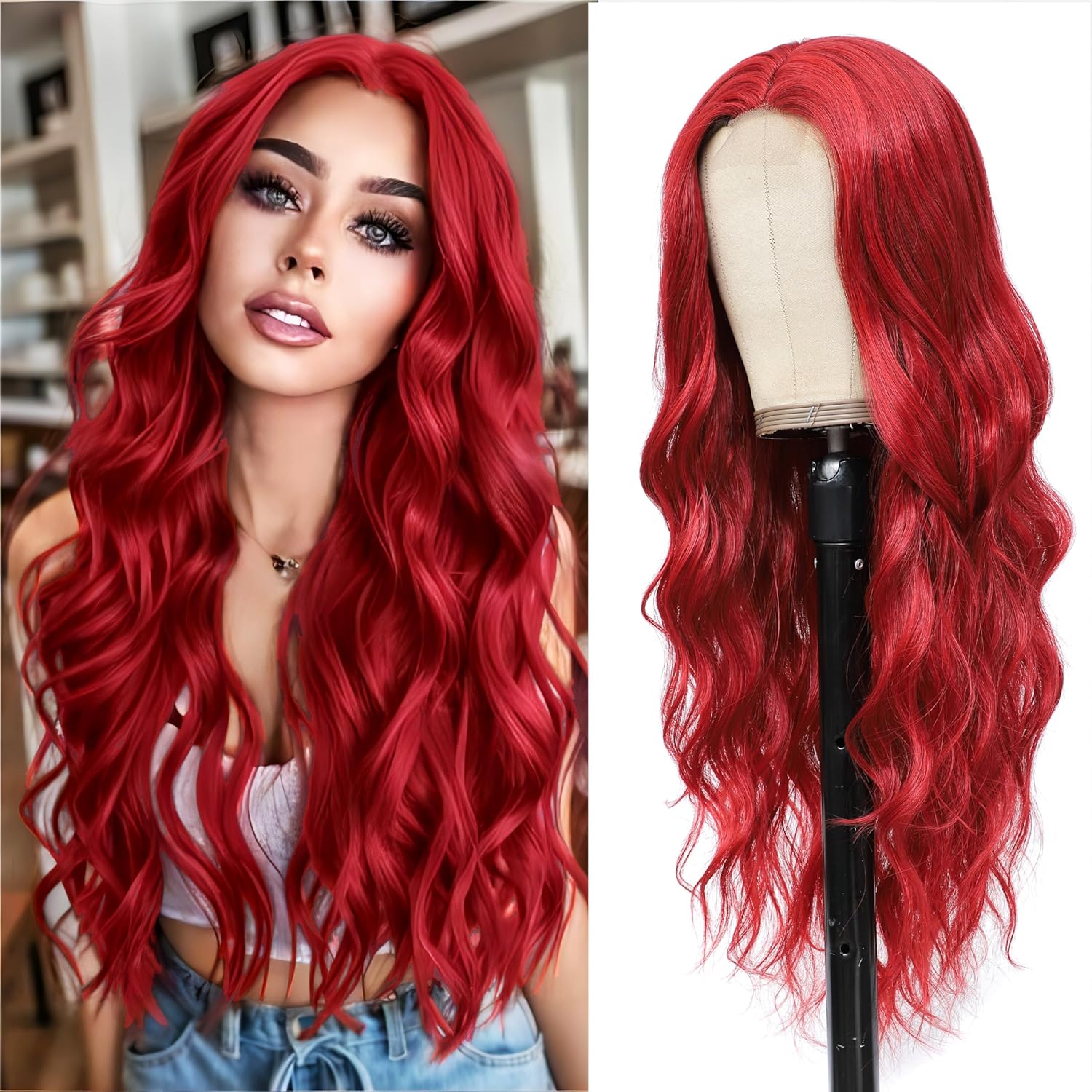 Long Red Wavy Wig for Women 26Inch Curly Synthetic Hair