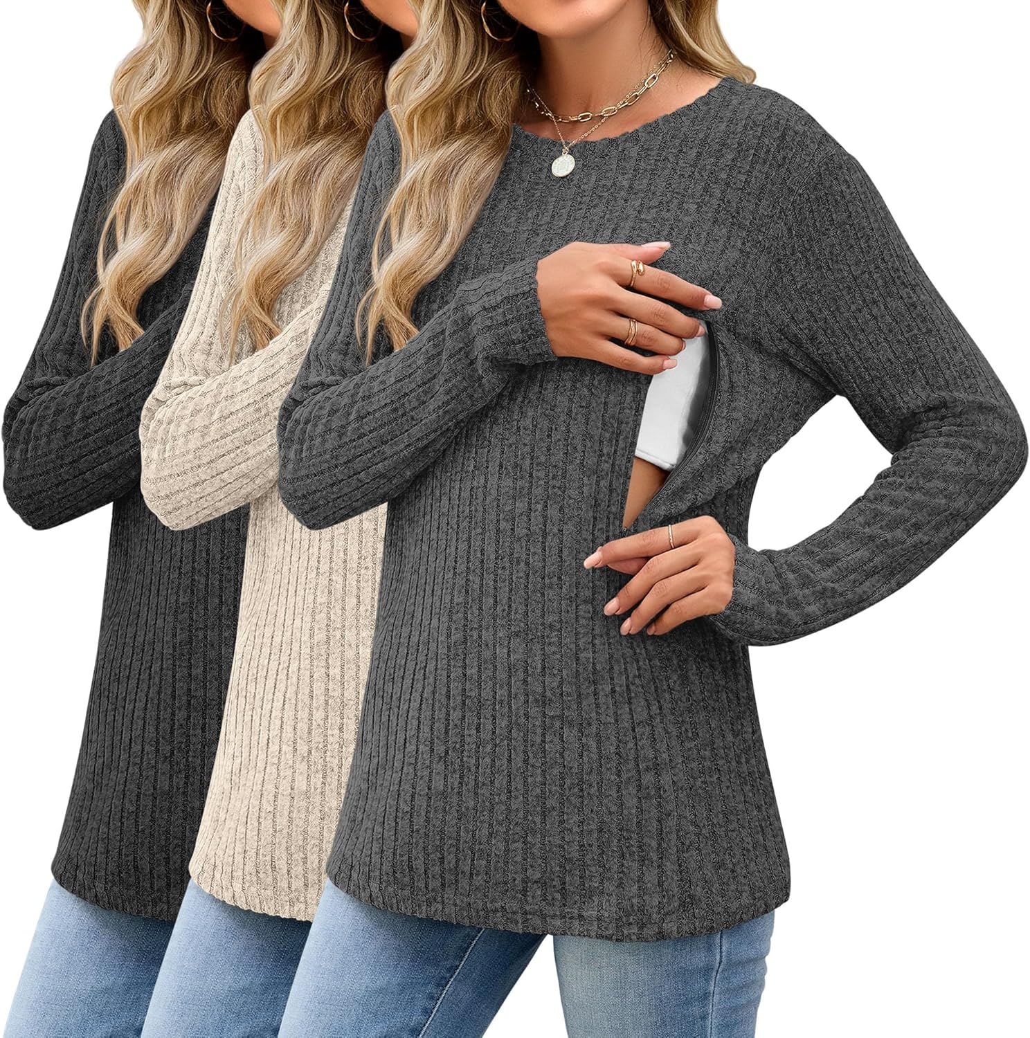3 Pack Women's Nursing Long Sleeve Tops for Breastfeeding Comfort