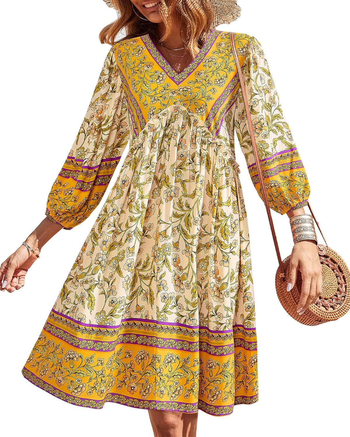 BTFBM Women Casual Spring Summer Dresses V Neck Ruffle Floral