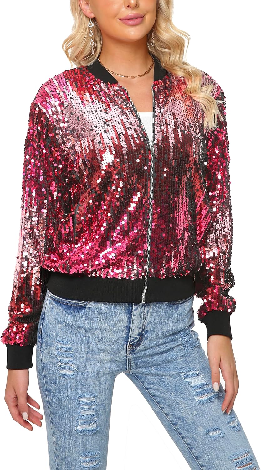 Womens Long Sleeve Sequin Open Front Zipper Jacket for Style