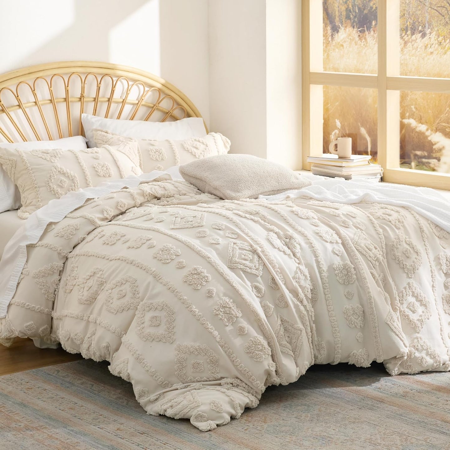 Bedsure King Size Comforter Set - Beige Tufted Boho Bedding