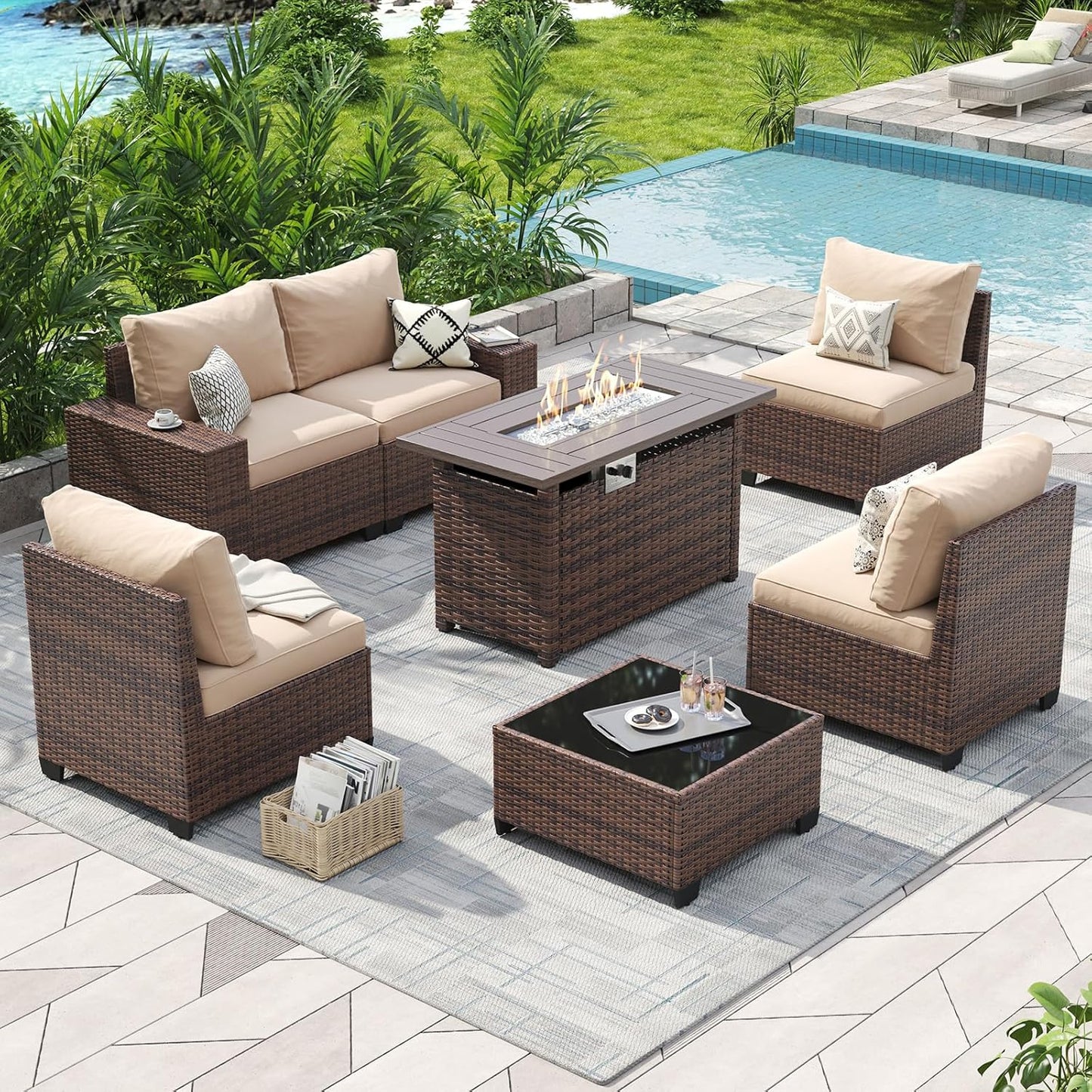 Aoxun Outdoor Patio Furniture Set with Fire Pit Table for Comfort