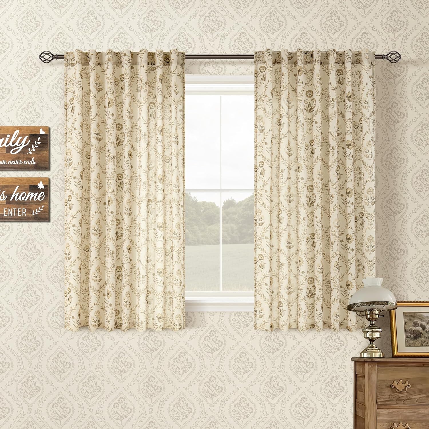 Tan Beige Floral Short Curtains for Kitchen Dining Room Decor