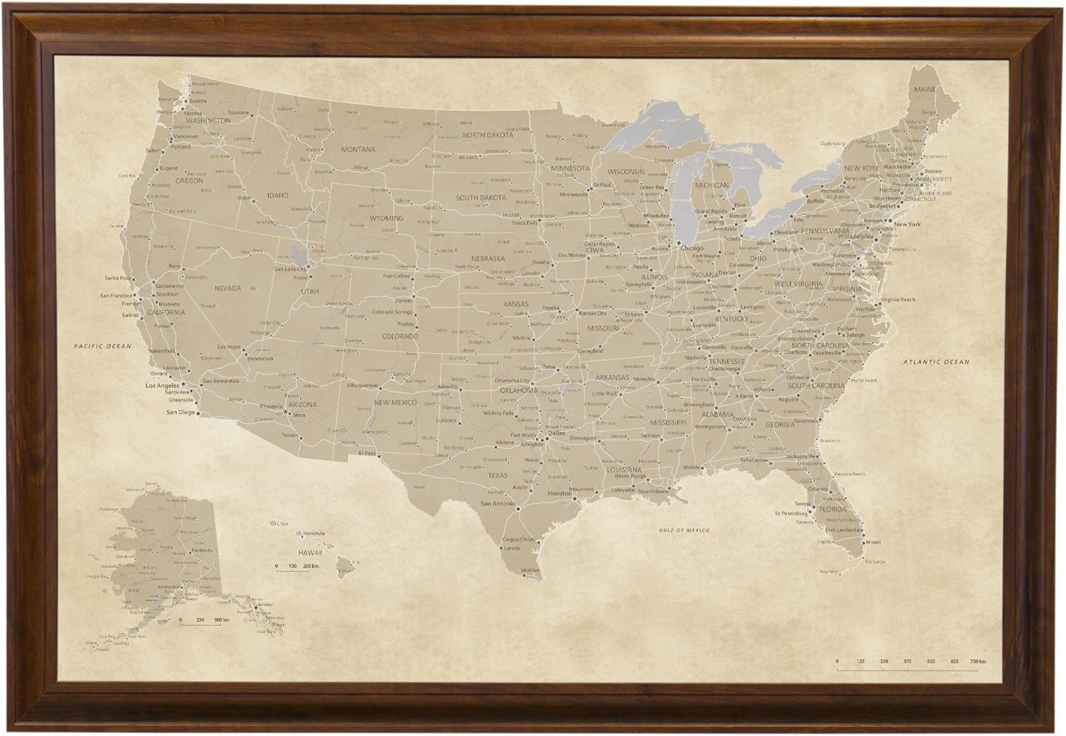 Push Pin Travel Maps Vintage USA Framed Pin Map for Travelers