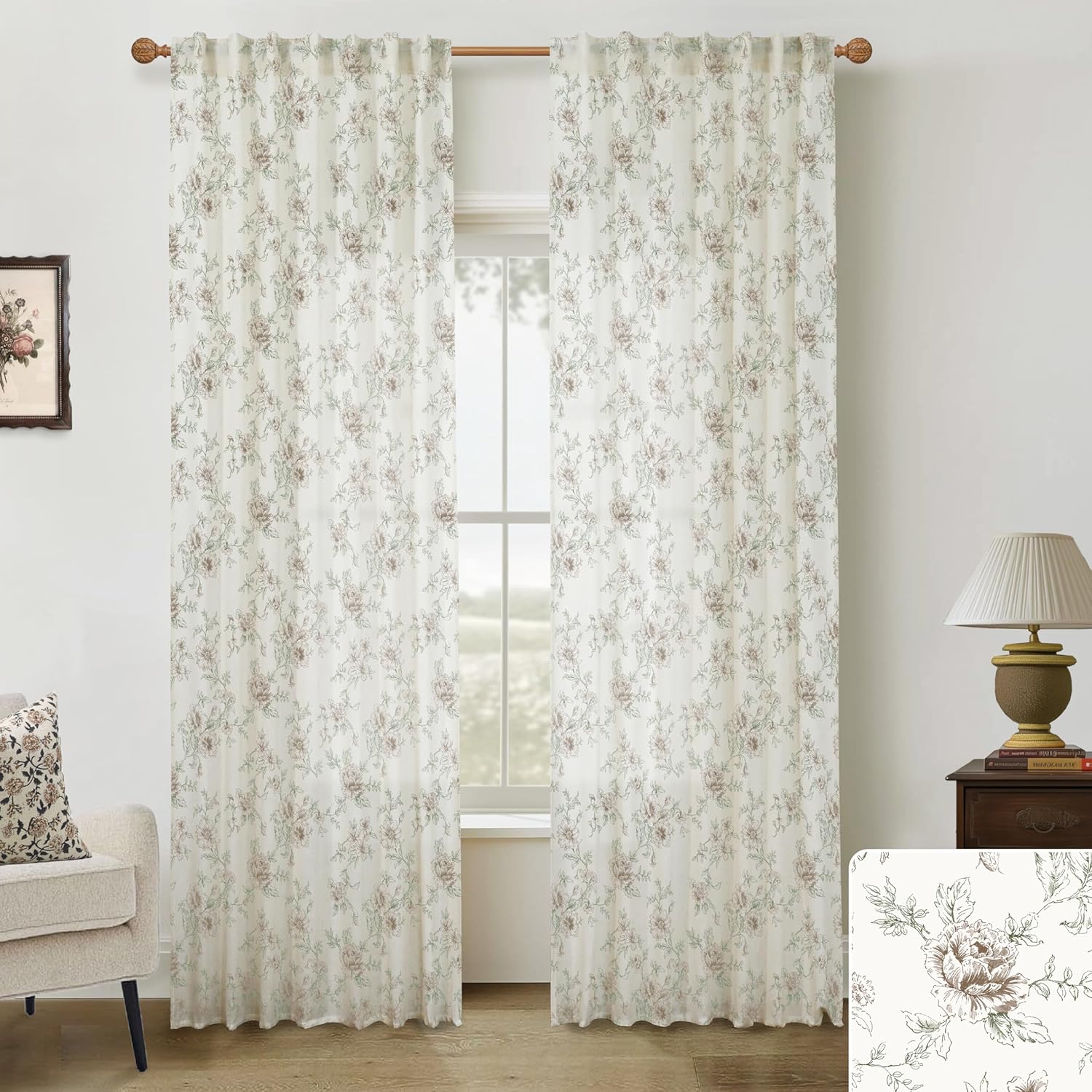 Vintage Floral Patterned Curtains 96 Inches Long for Home Decor