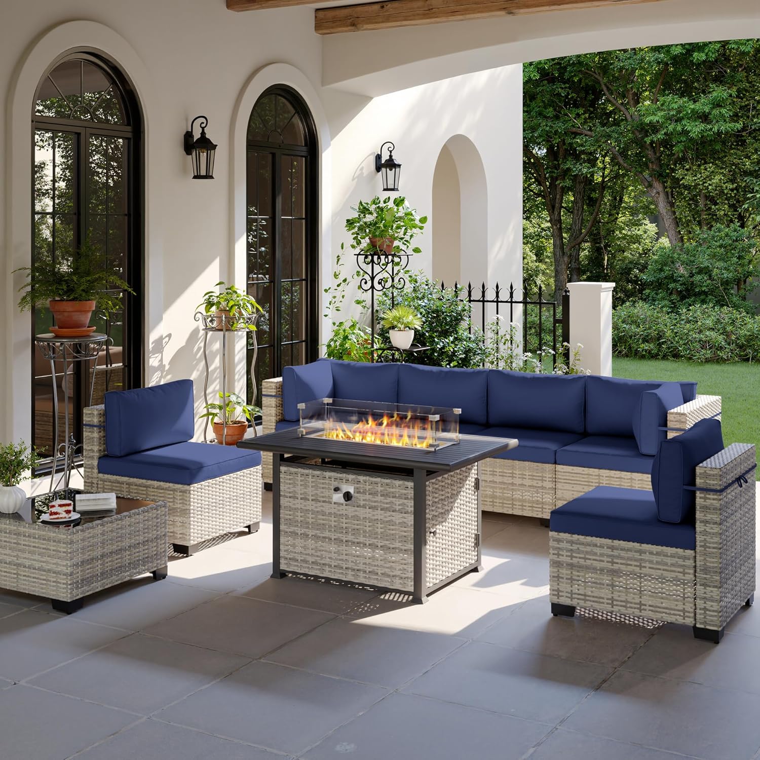 8-Piece Modern Patio Furniture Set with Fire Pit Table