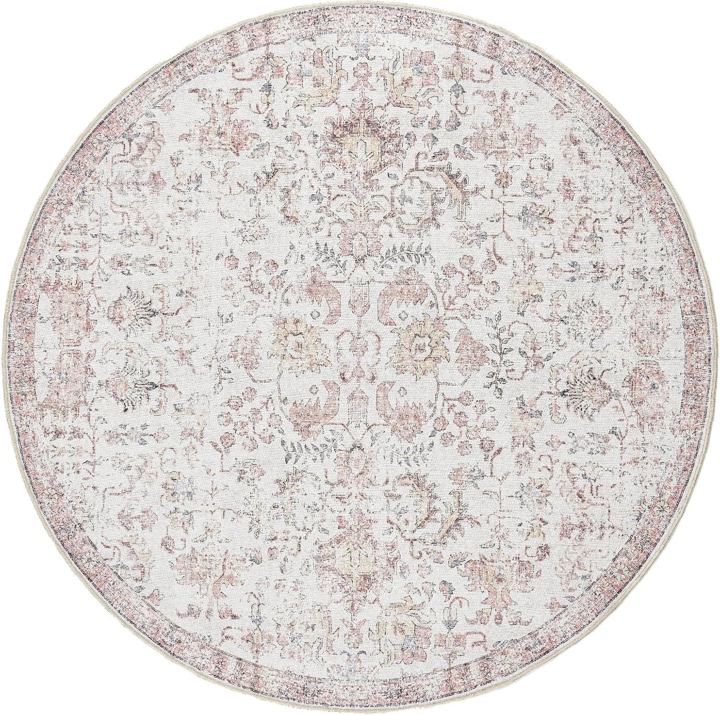 Vintage Round Area Rug 4ft for Indoor Use - Distressed Floral