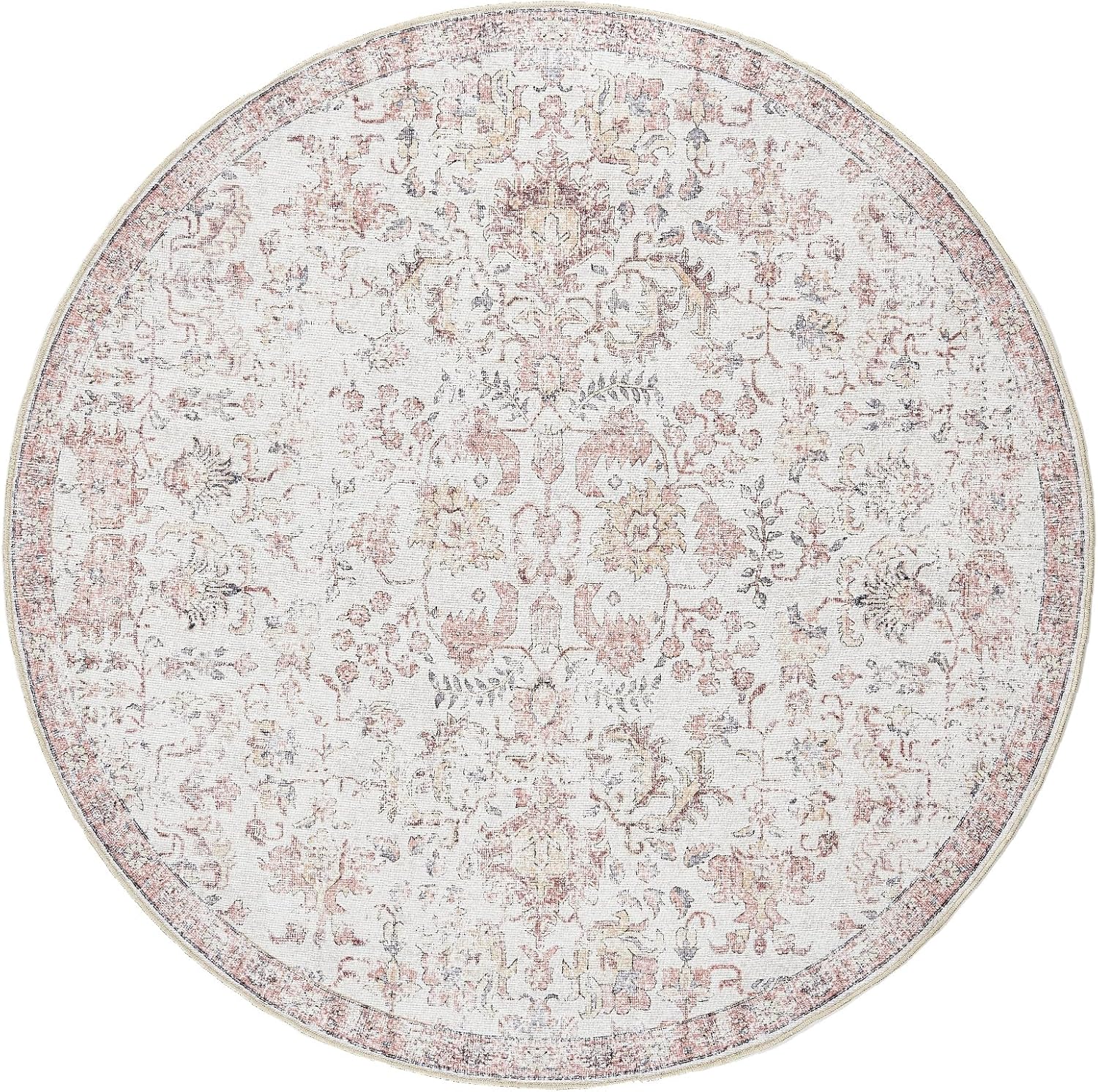 Vintage Round Area Rug 4ft for Indoor Use - Distressed Floral