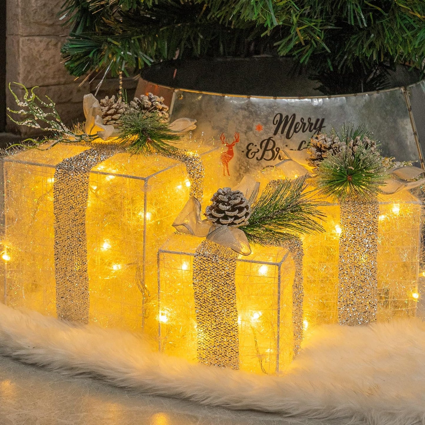 Lighted Gift Boxes Set of 3 for Christmas Decor with LED Lights