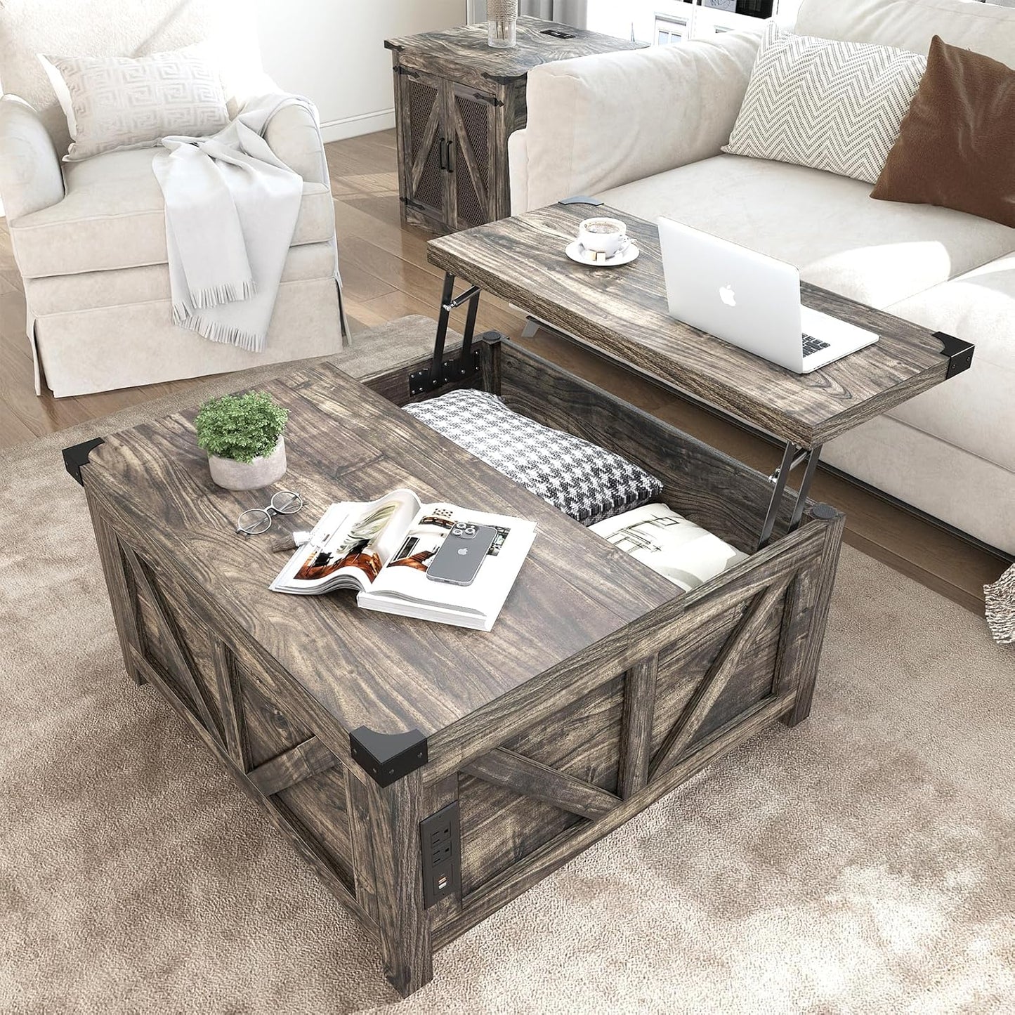 Farmhouse Lift Top Coffee Table with Storage and USB Ports