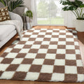 4x6 Brown and Cream Checkered Area Rug - Fluffy Shag Bedside Carpet