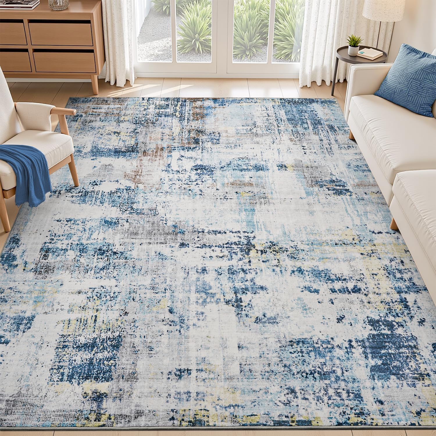 Blue Washable Area Rugs 8x10 for Living Room and Bedroom