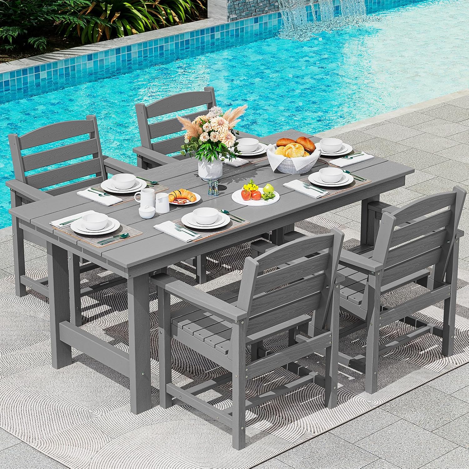Modern Patio Dining Set with Umbrella Hole & 4 Chairs, Grey