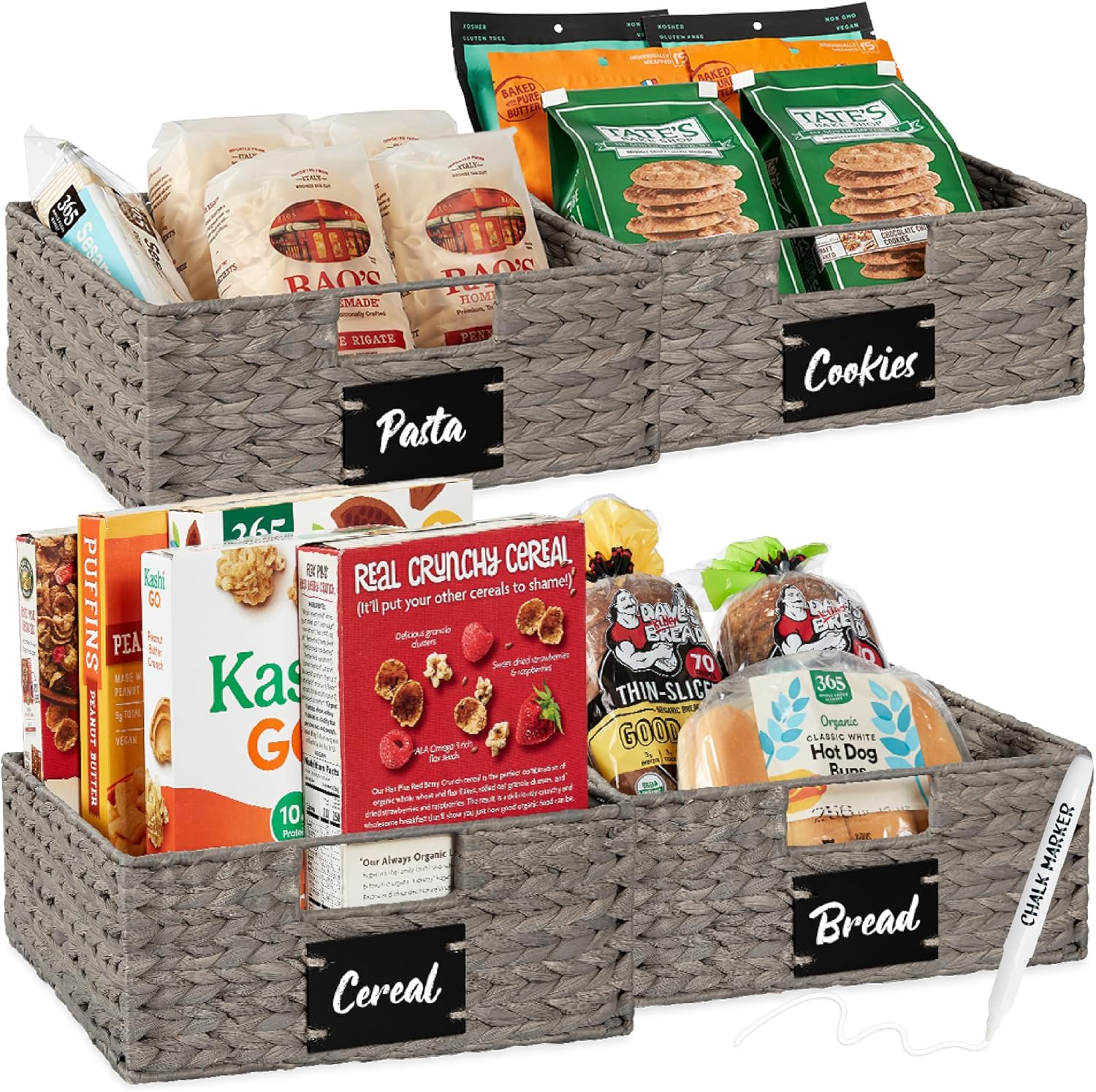 Water Hyacinth Pantry Baskets Set of 4 with Chalkboard Labels