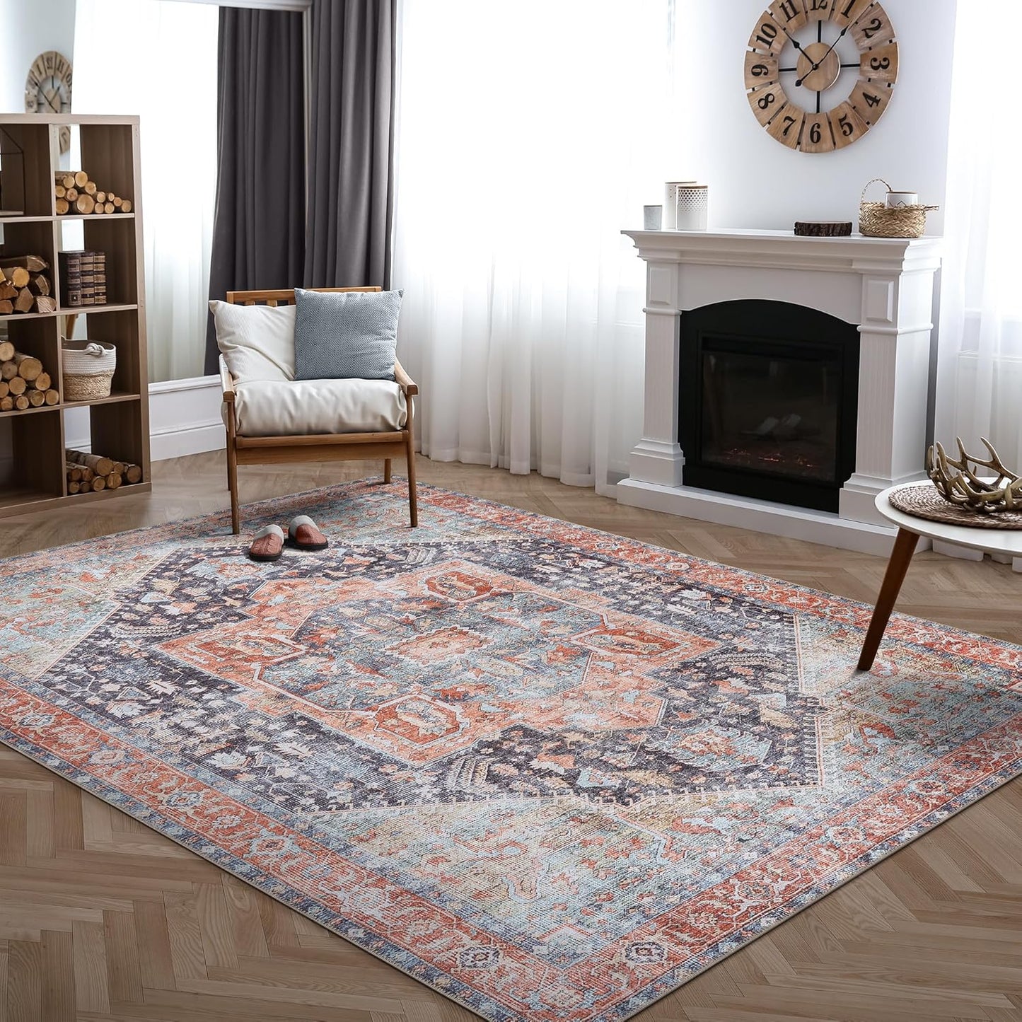 Bloom Rugs Washable Non-Slip 9ft x 12ft Terracotta/Blue Rug