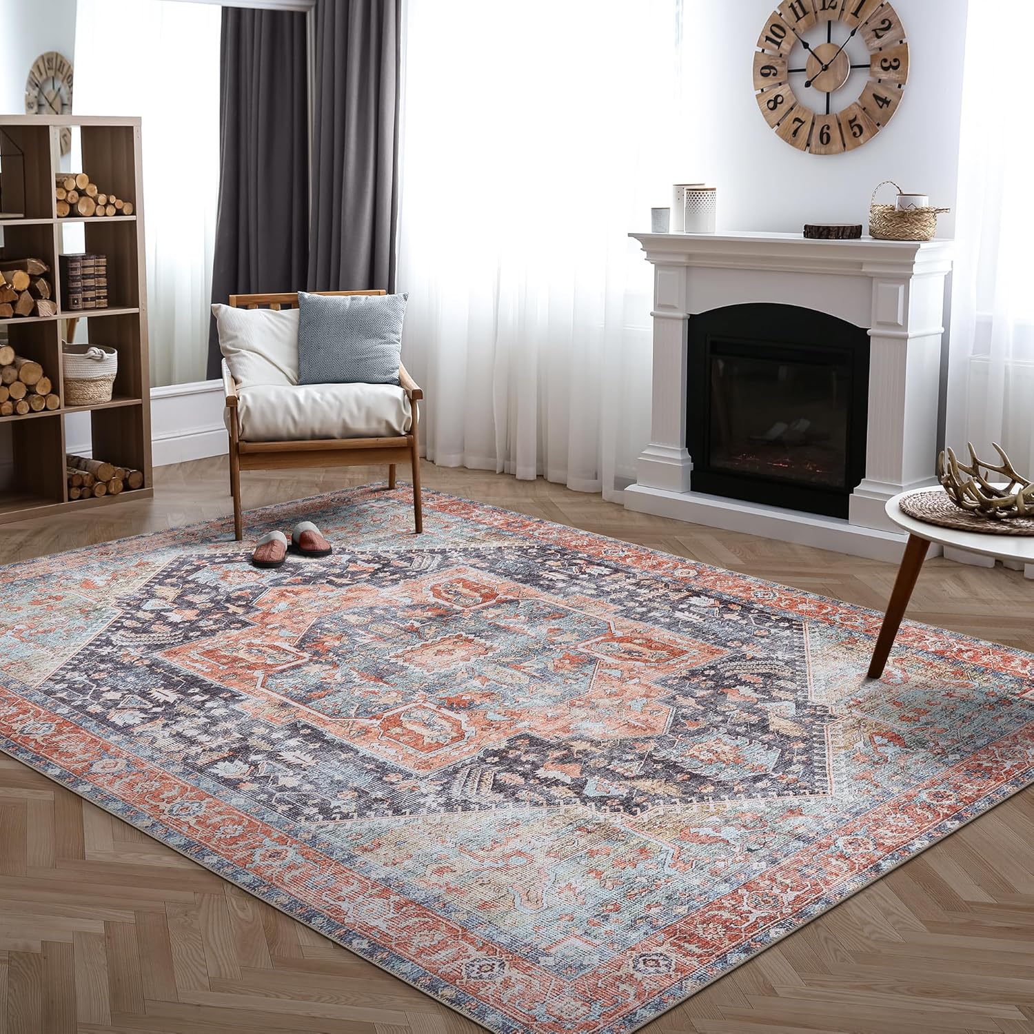 Bloom Rugs Washable Non-Slip 9ft x 12ft Terracotta/Blue Rug