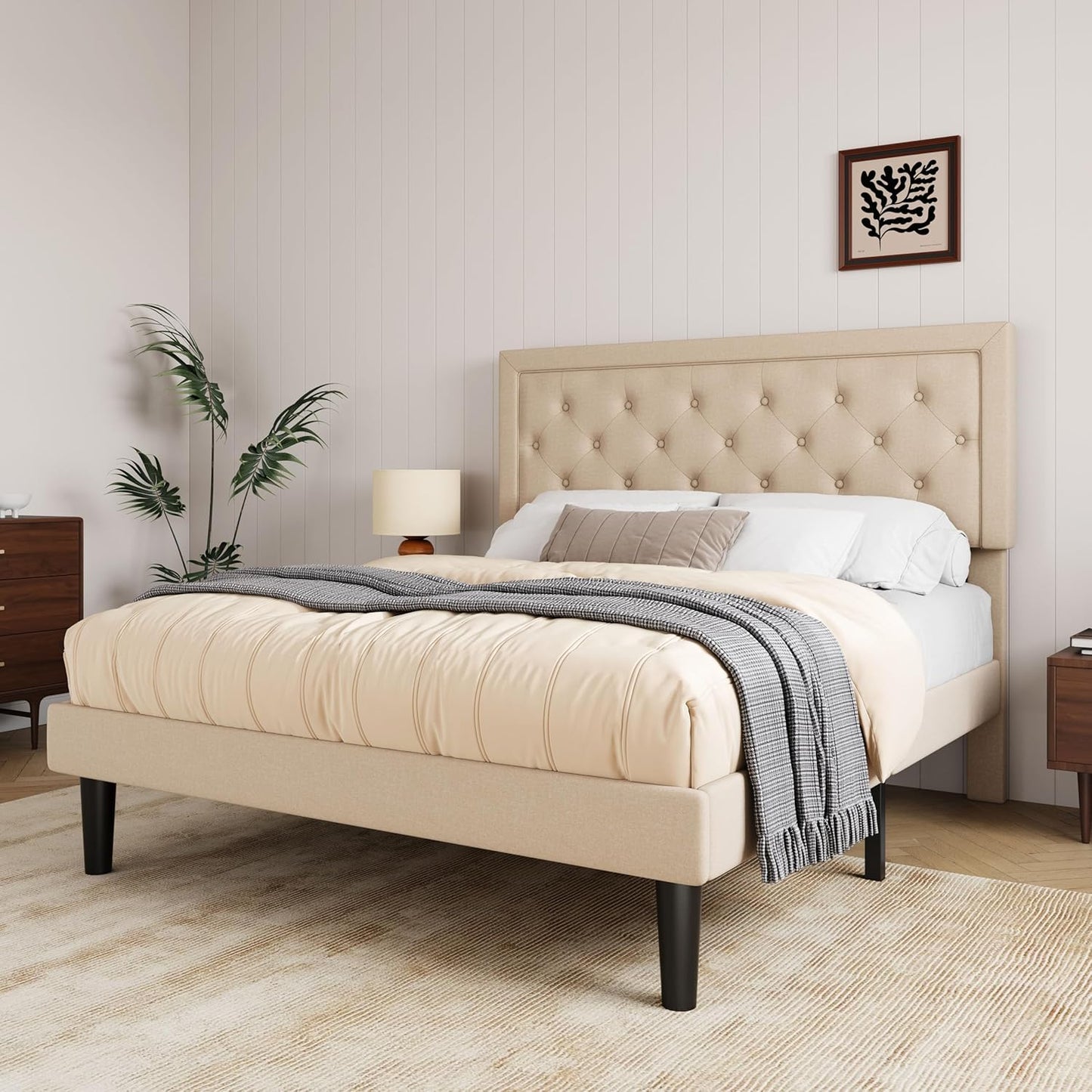 Allewie Queen Size Upholstered Bed Frame with Adjustable Headboard