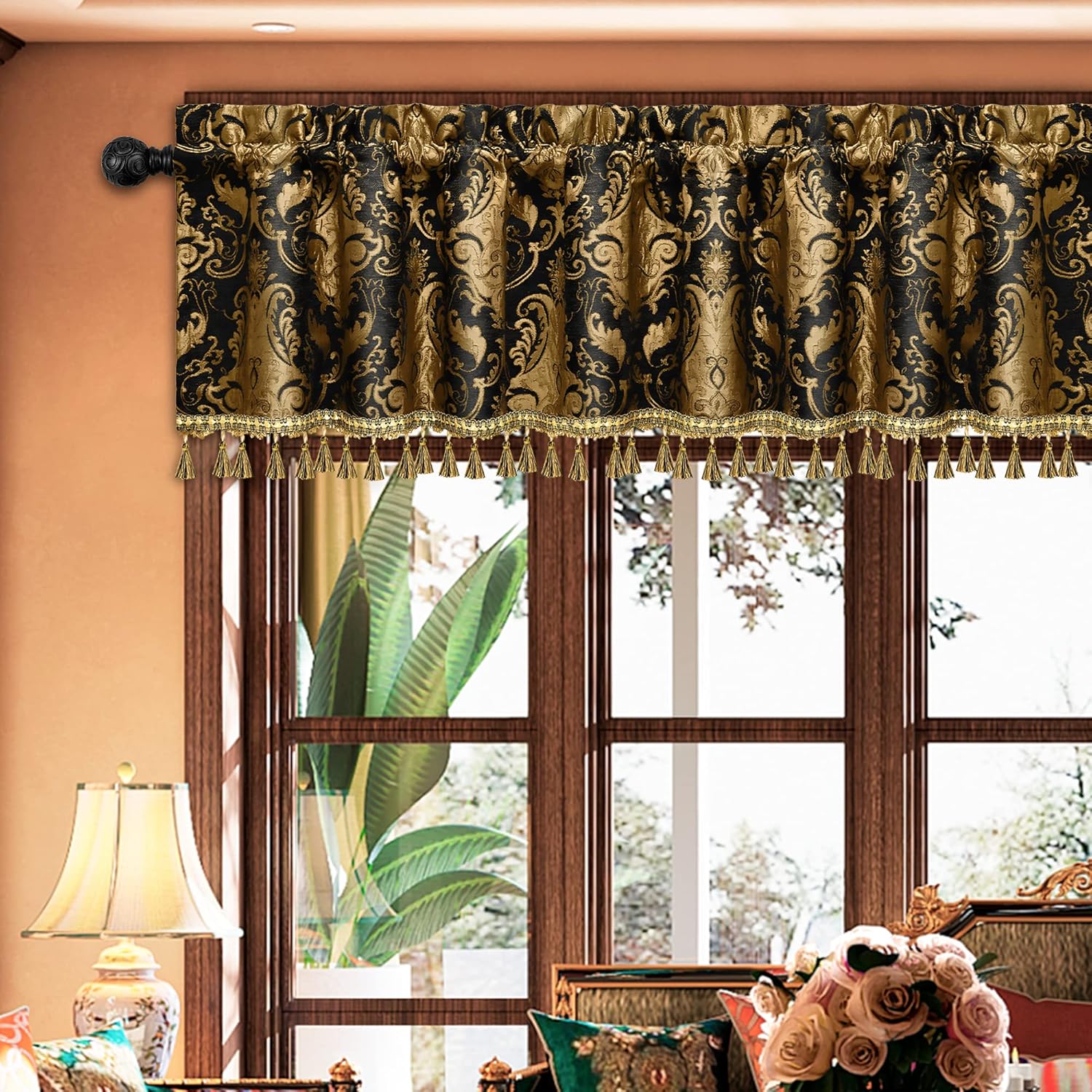 Luxury Damask Jacquard Valance with Tassels - Halloween Decor