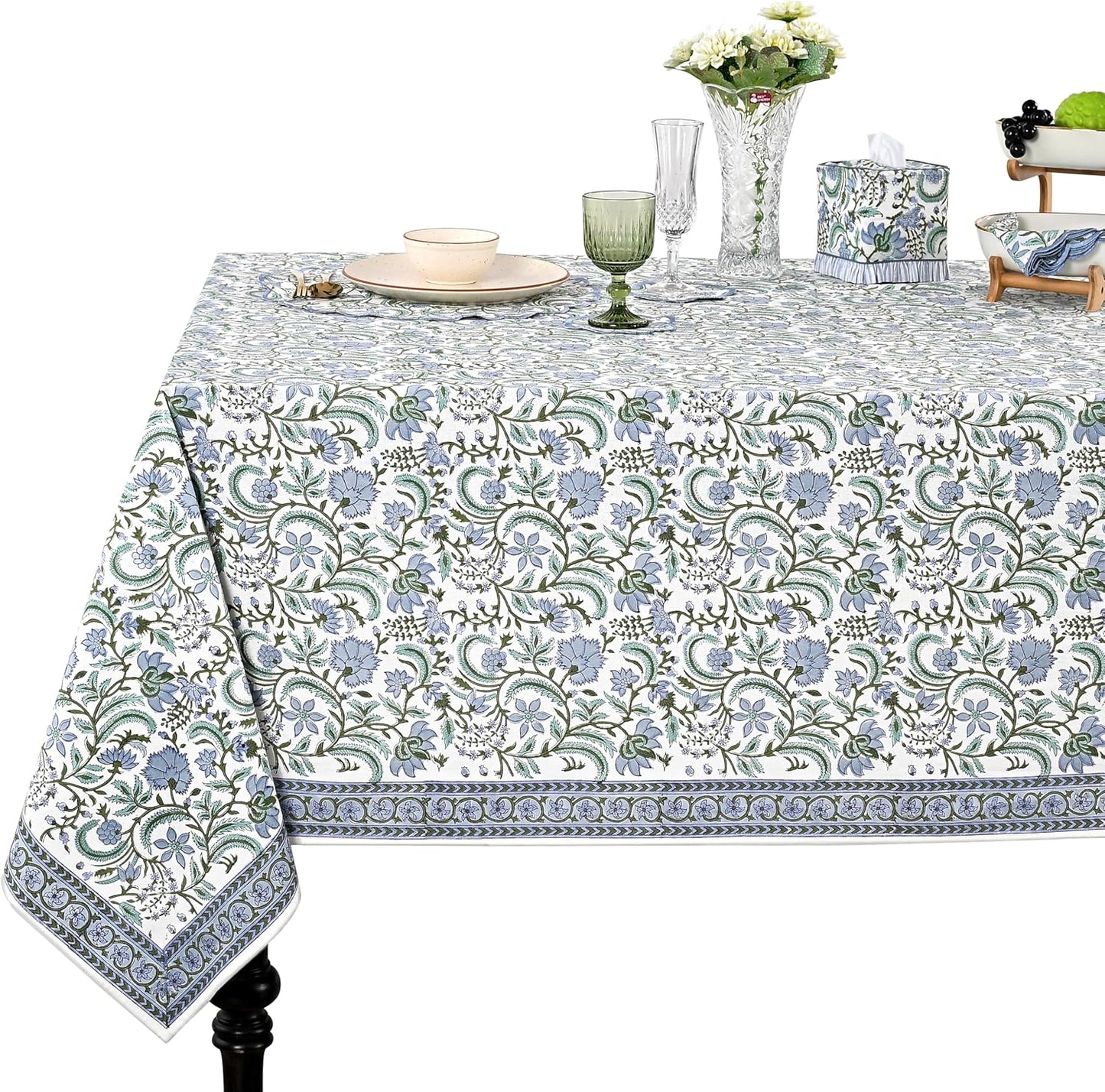 Ridhi Columbia Blue Hand Block Print Cotton Tablecloth 108 x 70
