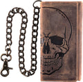 RFID Blocking Mens Tri-fold Cowhide Leather Chain Wallet - Brown Skull