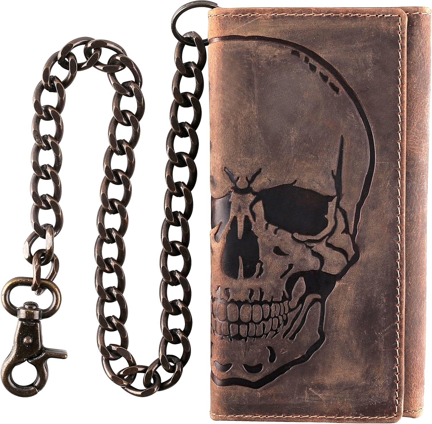 F&L CLASSIC RFID Blocking Mens Tri-fold Leather Wallet with Chain