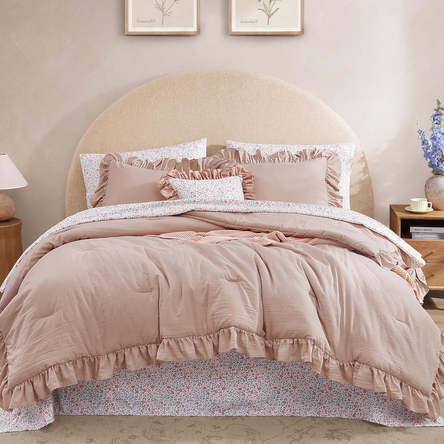 Full Comforter Set - 7 Pieces Ruffle Pink Bedding for Cozy Rooms
