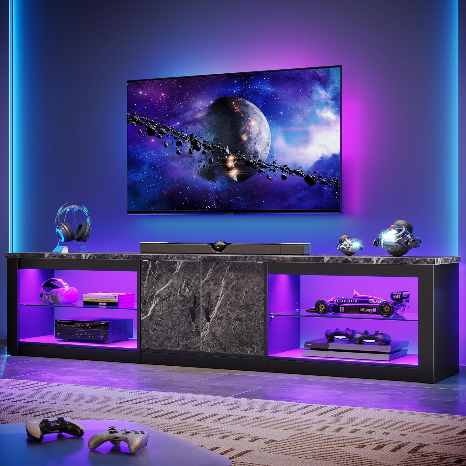 Modern Gaming TV Stand for PS5, 80 for Large TVs, Storage & Glass Shelves