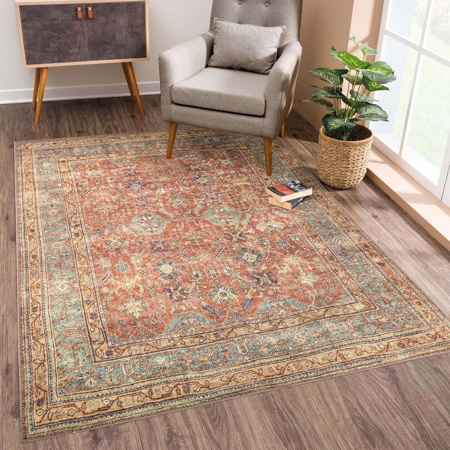 Washable Non-Slip 6ft x 9ft Terracotta/Mustard Area Rug