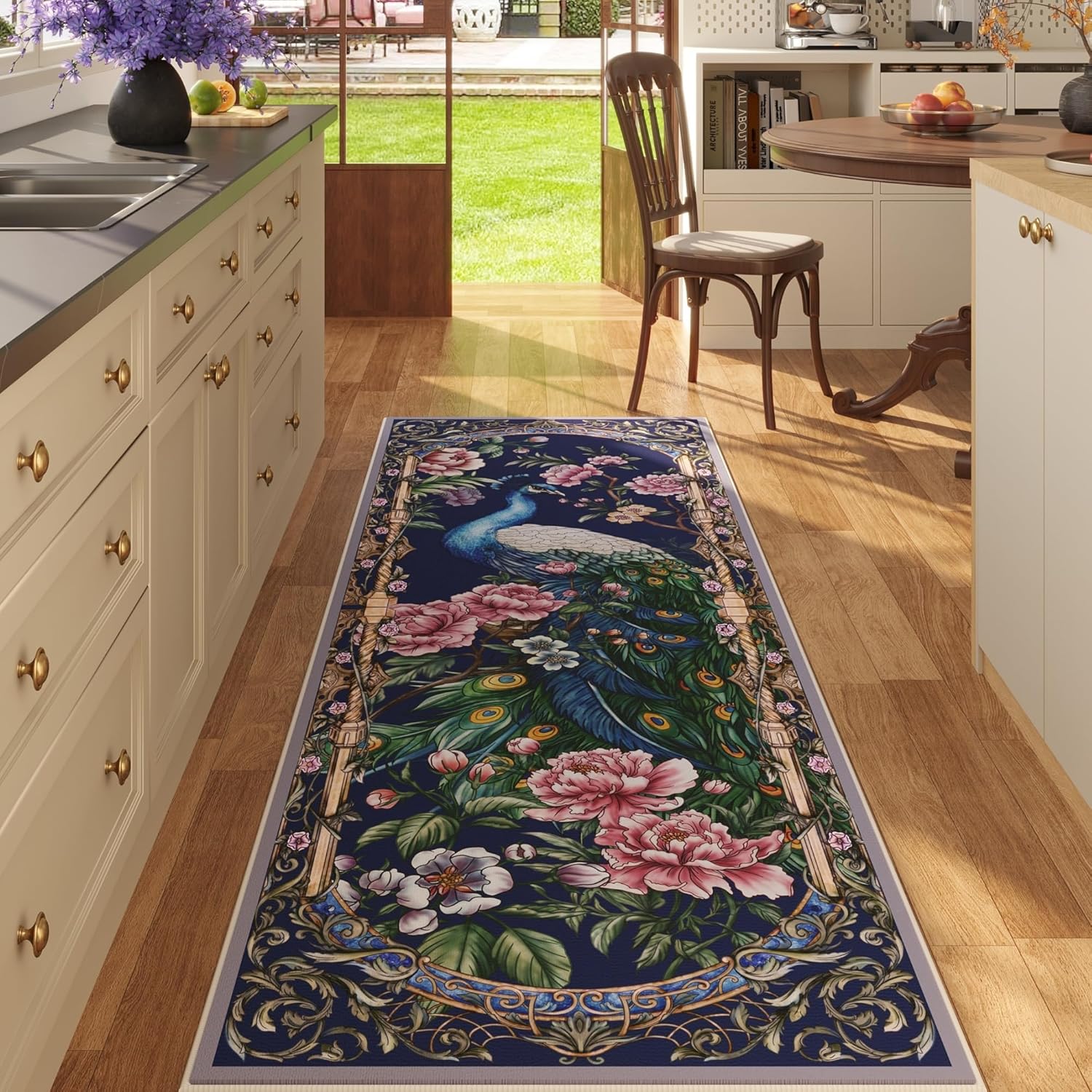 Runner Rug for Kitchen 2ft 6inx8ft Soft Floral Peacock Design