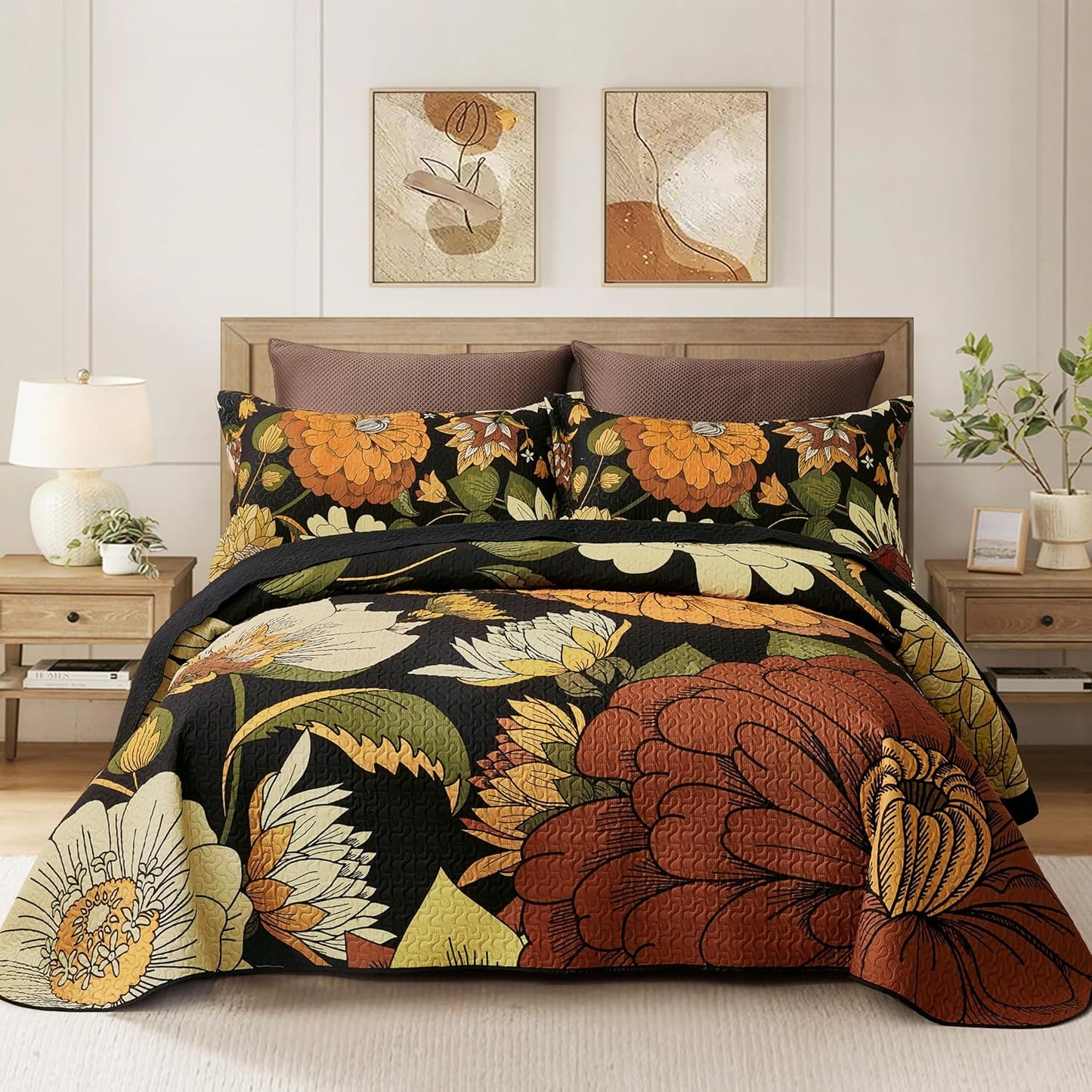 3 Piece Black Boho Floral Californial King Quilt Set for All Seasons