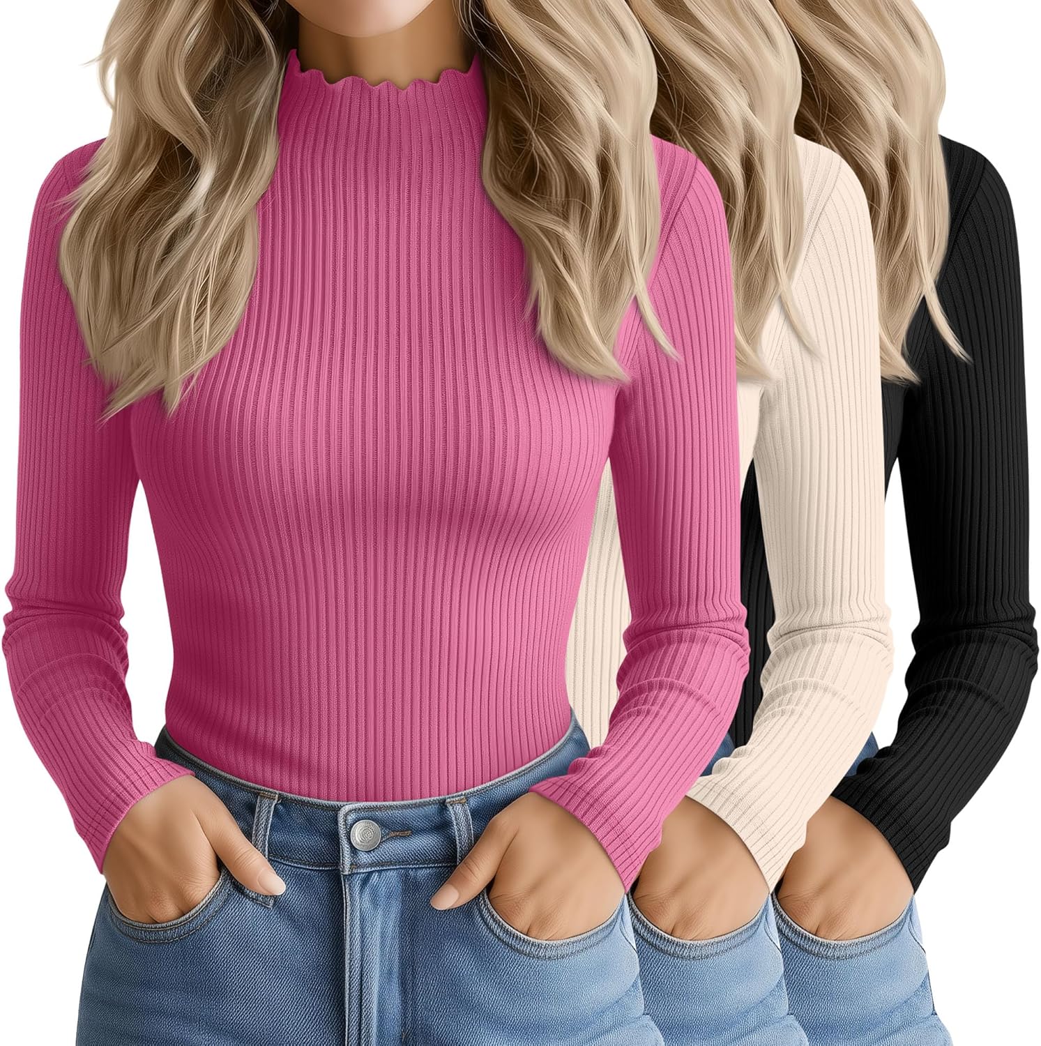 3 Pack Women's Cotton Long Sleeve Mock Turtleneck Tops