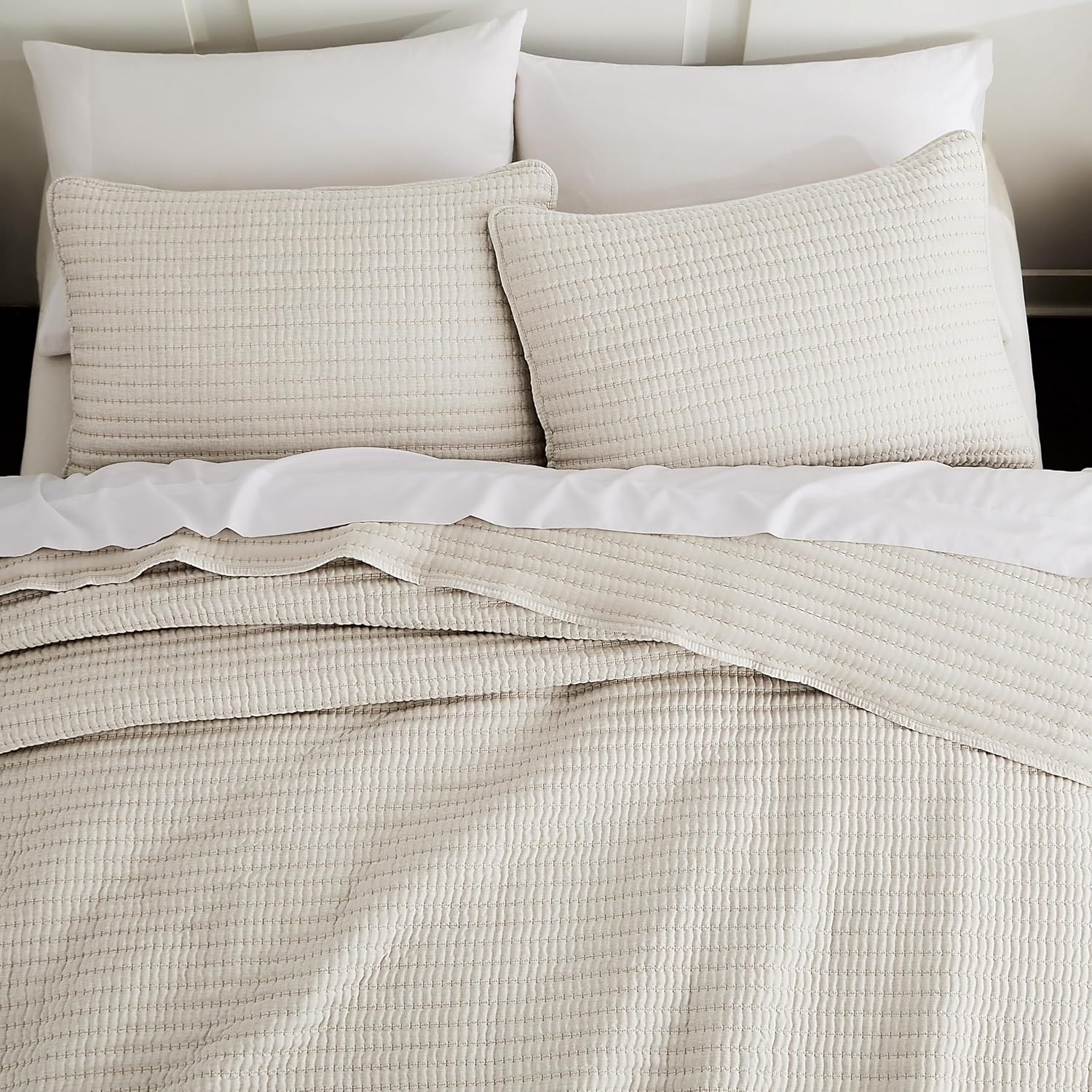 Beige Pick Stitch Twin Size Quilt Set for Cozy Farmhouse Style