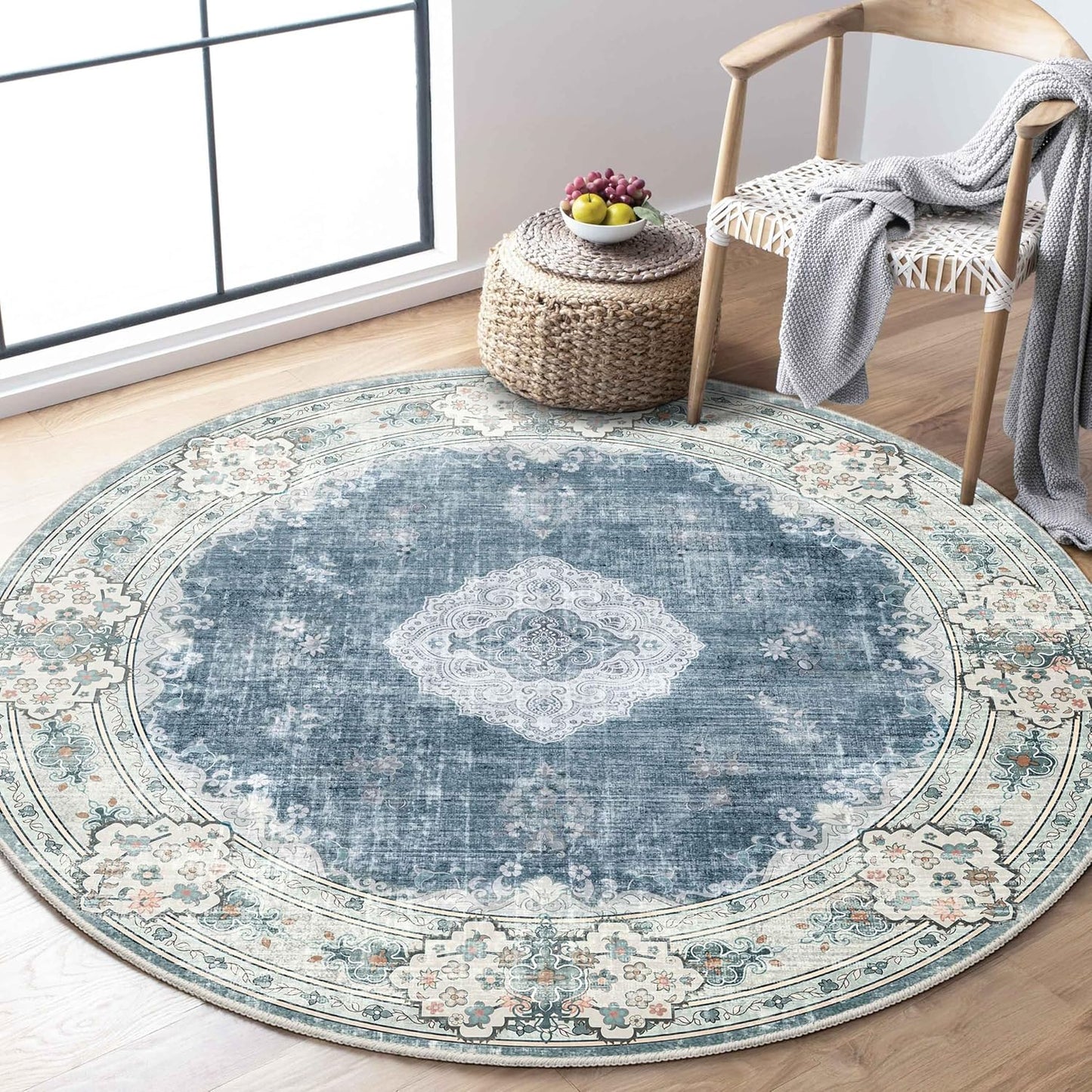 MUJOO Blue Round Rug 4ft - Stylish Washable Area Rug for Home