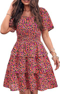 Floral Summer Short Dress Square Neck Boho Swing Dress - Flattering