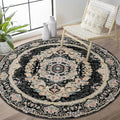 Black Round Rug 4ft - Washable Boho Floral Area Rug