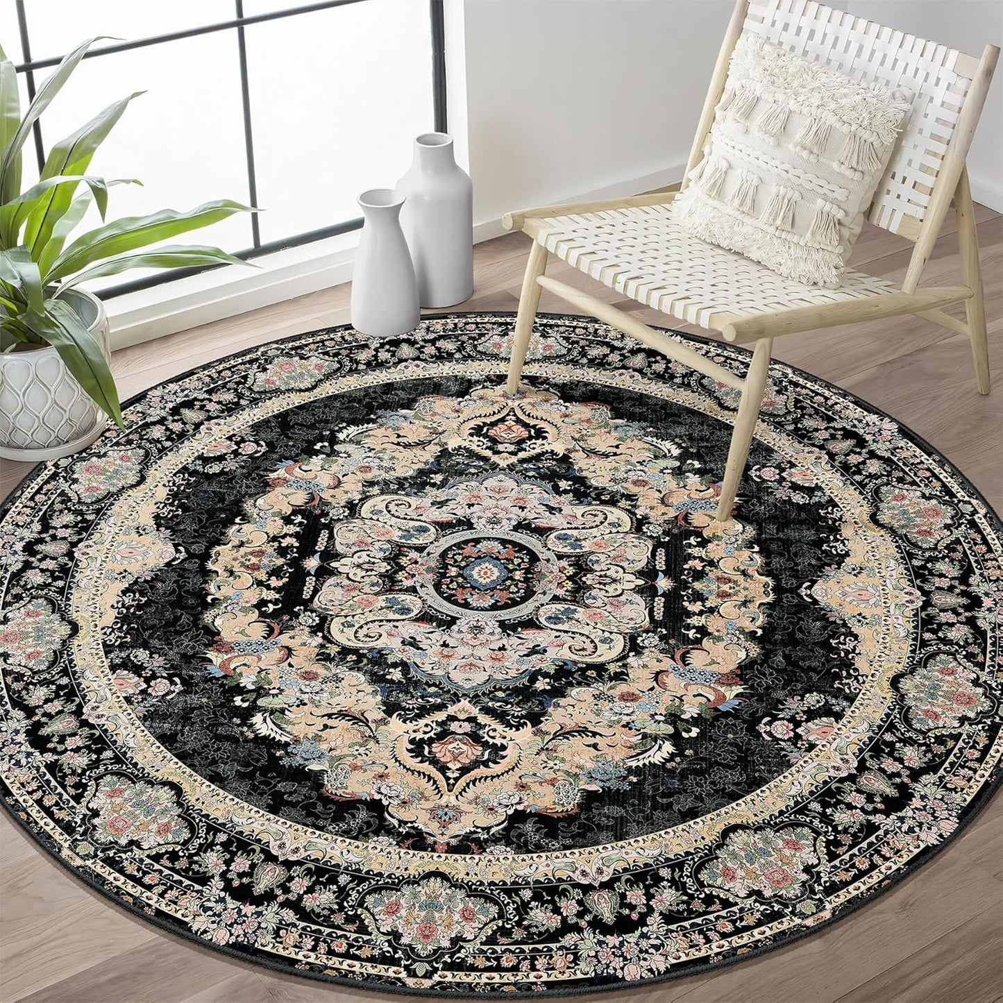 Black Round Rug 4ft - Boho Vintage Washable Area Rug for Home