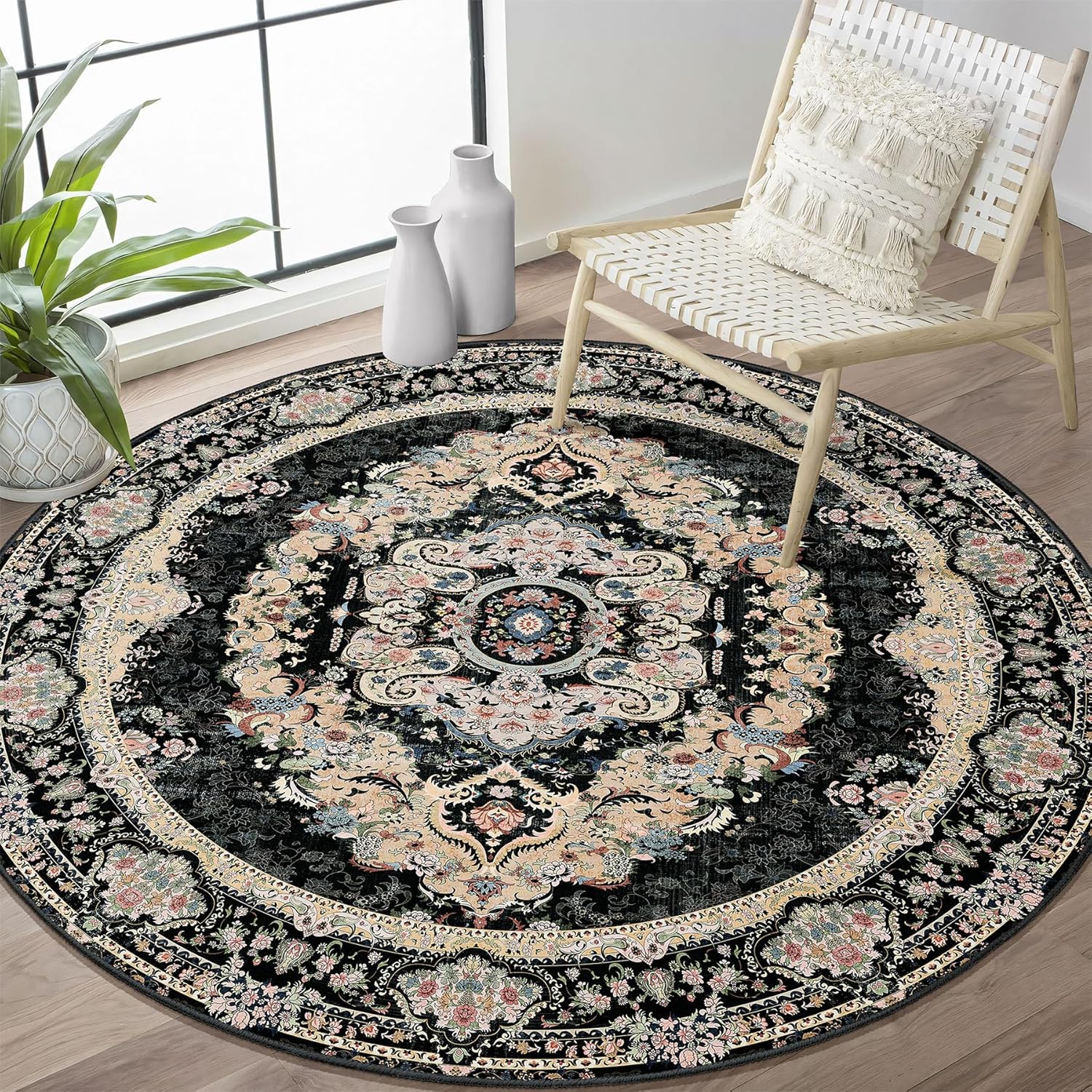 Black Round Rug 4ft - Boho Vintage Washable Area Rug for Home