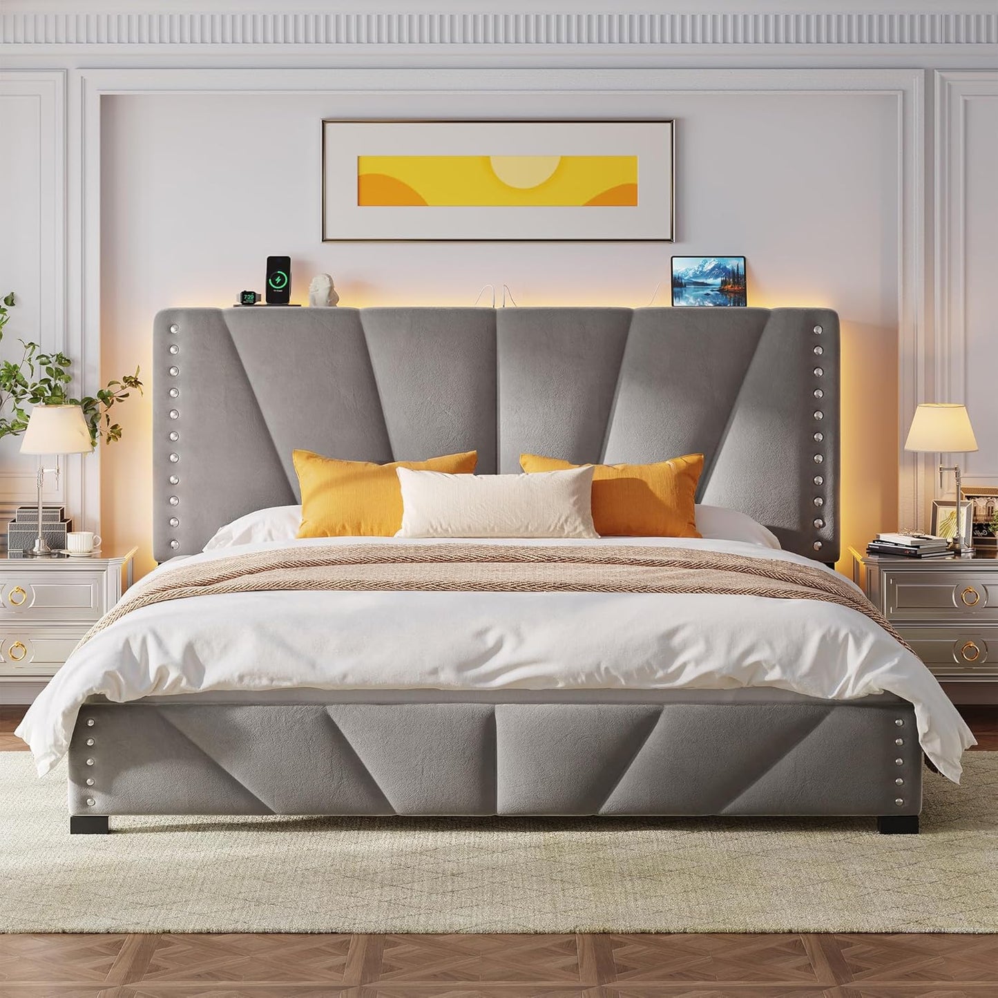 EnHomee King Size Bed Frame with Velvet Headboard and LED Lights