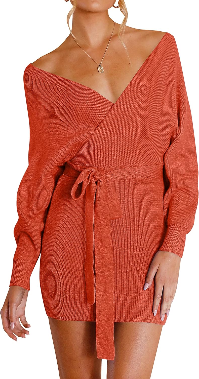ZESICA Women's Fall Long Batwing Sleeve Wrap V Neck Dress