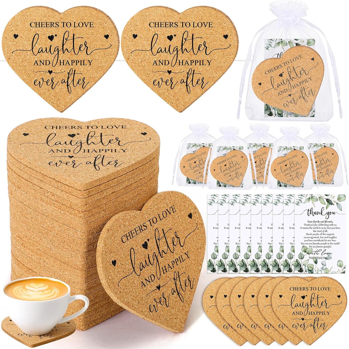 Heart Shaped Coasters Wedding Favors Set with Thank You Cards