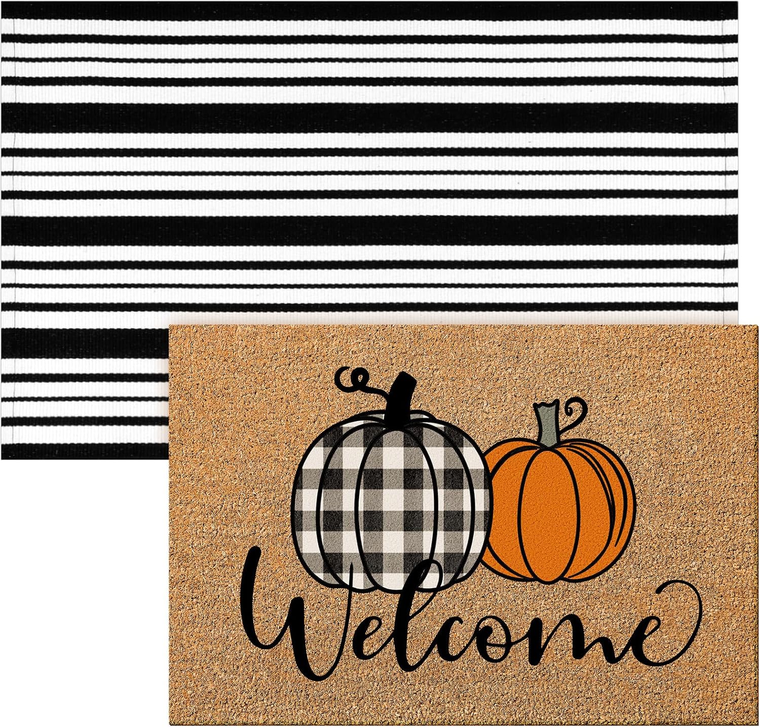 Duraaamo Fall Coir Door Mat Set with Pumpkin and Striped Rug