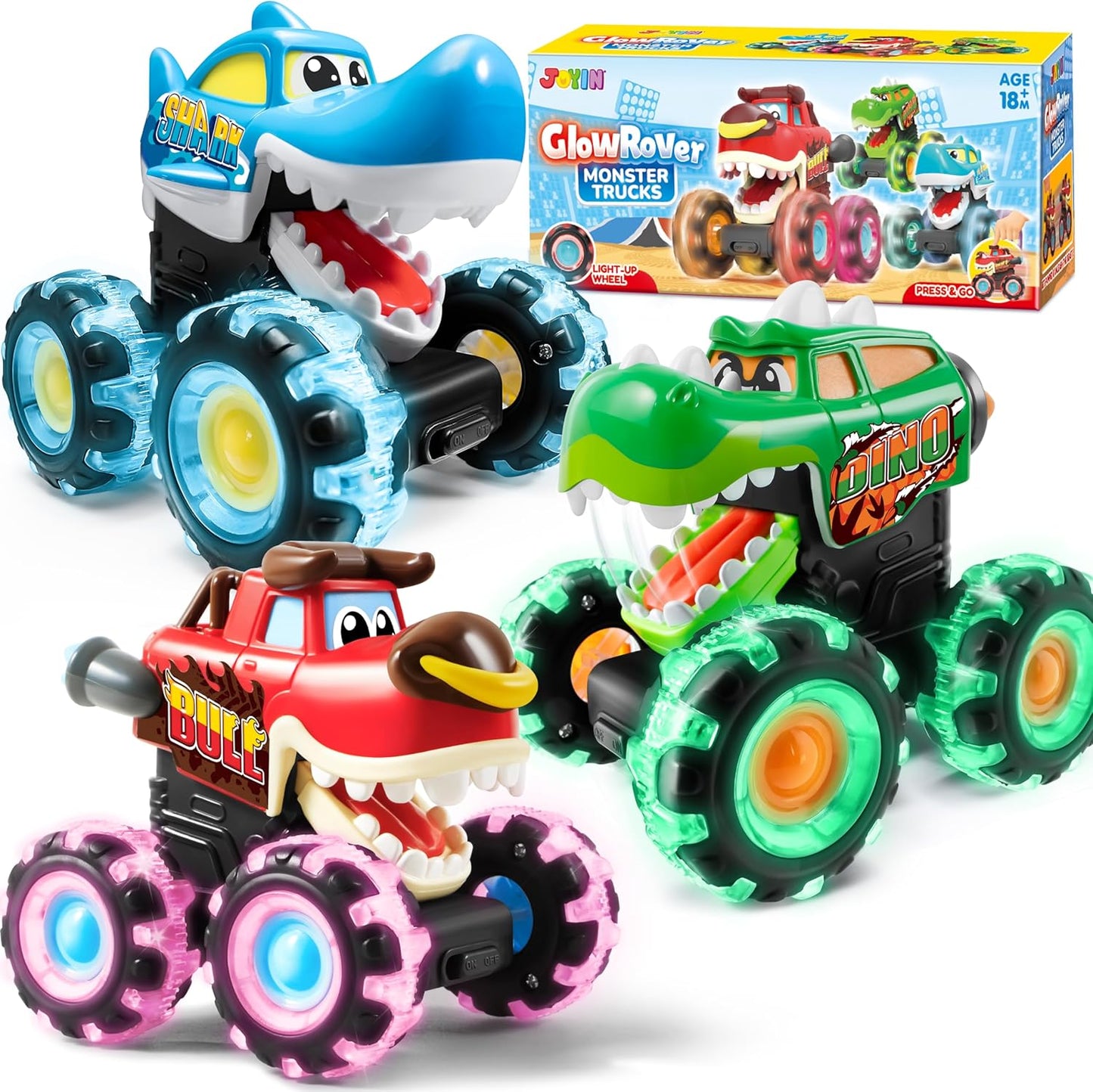 Light-Up Monster Trucks for Toddlers - Motion Activated, Lightning Wheels - JOYIN