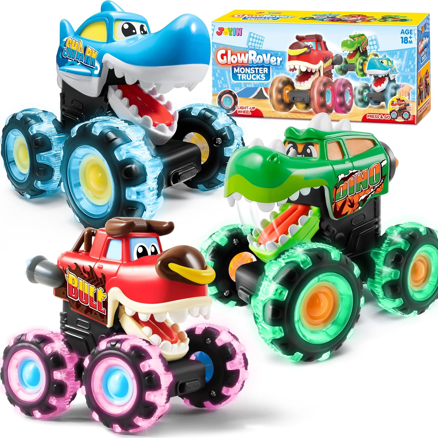Light-Up Monster Trucks for Toddlers - Motion Activated, Lightning Wheels - JOYIN