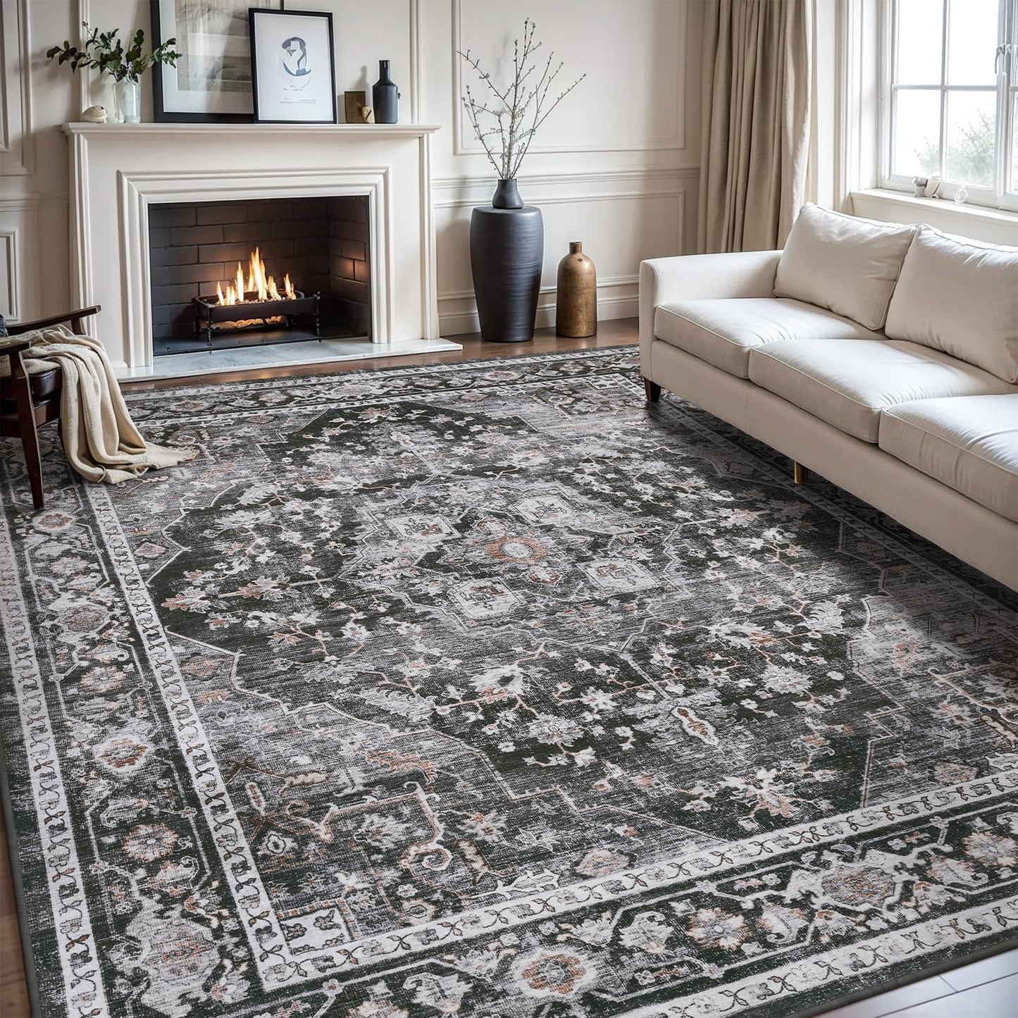 Soft Vintage Black Area Rug 8X10 for Living Room & Bedroom