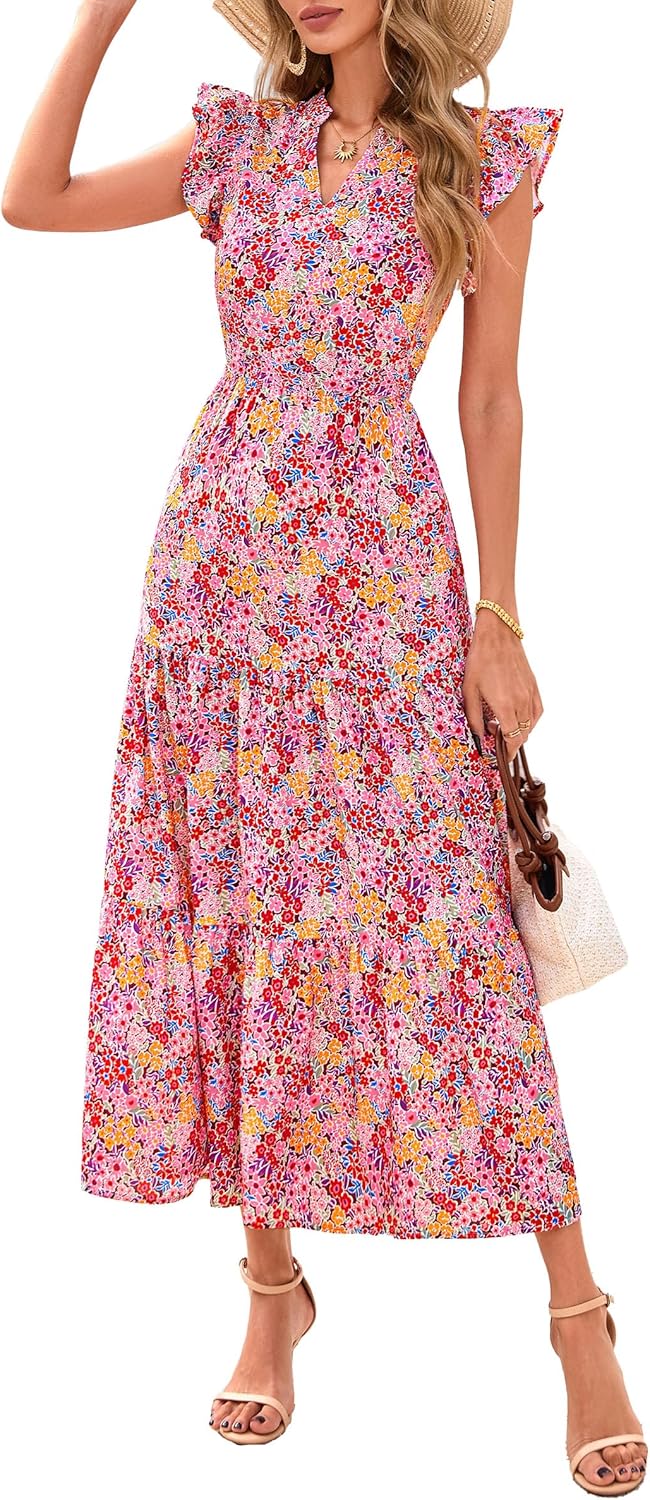 PRETTYGARDEN Women's Summer Floral Midi Dress for Beach Vacations