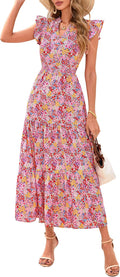 Women's Floral Midi Dress Cap Sleeve V Neck - Flowy Boho