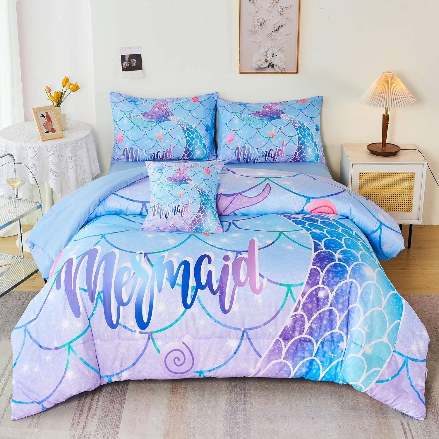 Mermaid Tail Comforter Set for Teens Girls Women - 6Pcs Bedding
