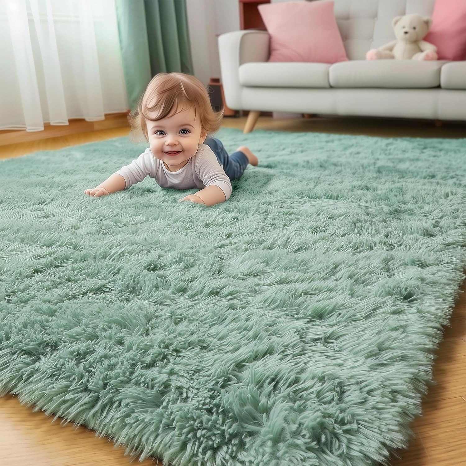 Fluffy Sage Green Area Rug for Living Room and Bedroom Decor